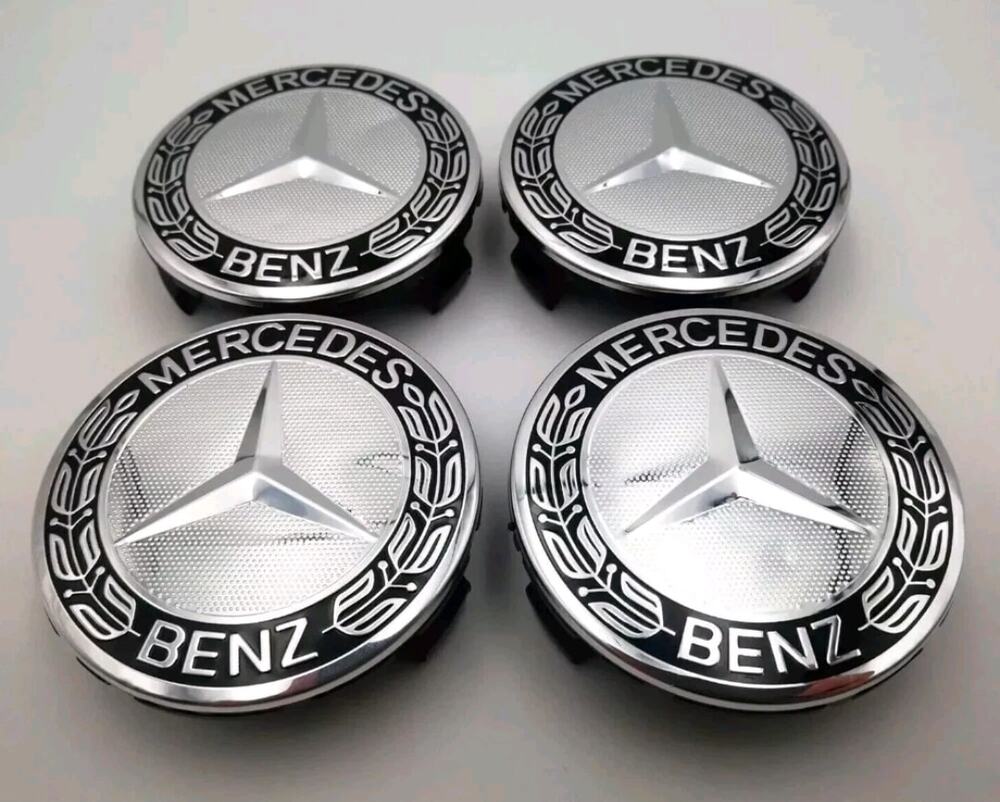 Mercedes-Benz 75mm Wheel Center Cap Hub Emblem Set of 4 Black on Silver Laurel W